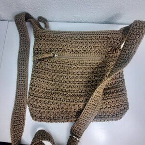 The Sak Crochet Shoulder Bag Brown Woven Purse Crossbody Tote Boho Style EUC 10"
